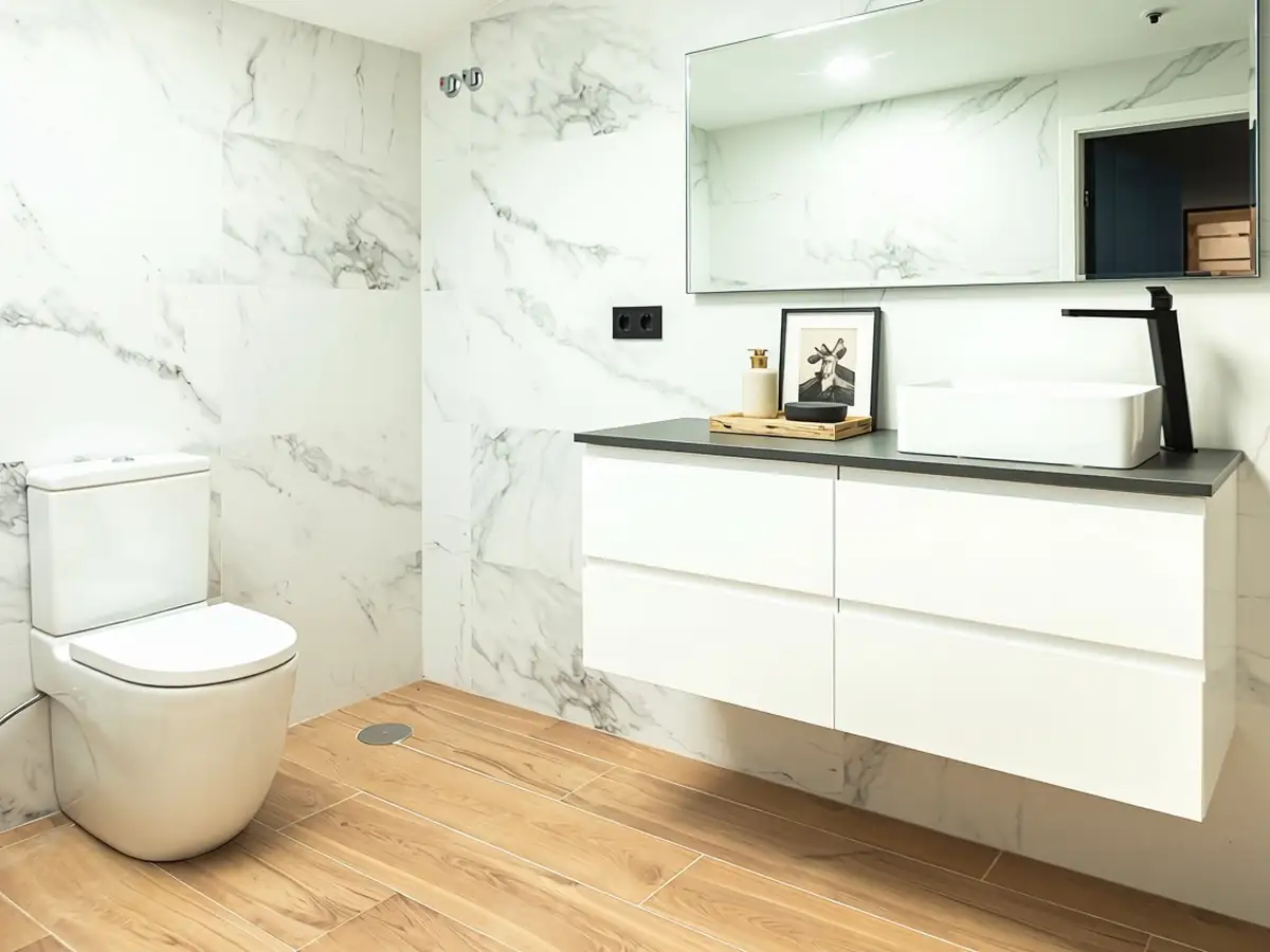 Baño con bañera encastrada y revestimiento de mármol en Urbanización La Solana