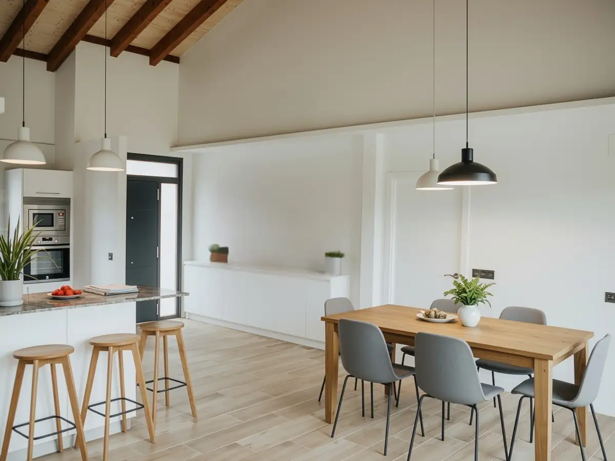 Cocina abierta con comedor y vigas de madera vistas en vivienda Laspra, Valdesoto