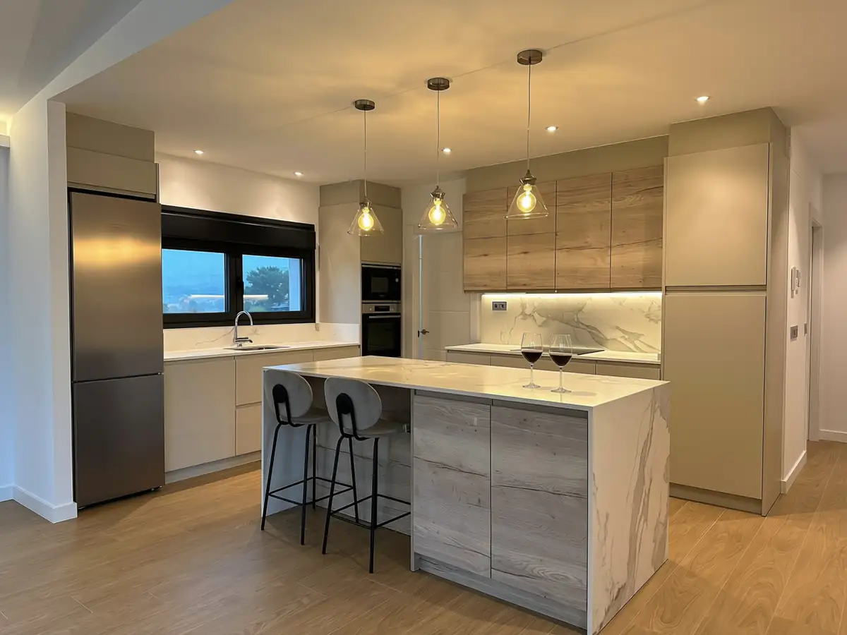 Cocina con isla de mármol y lámparas colgantes en Urbanización La Solana