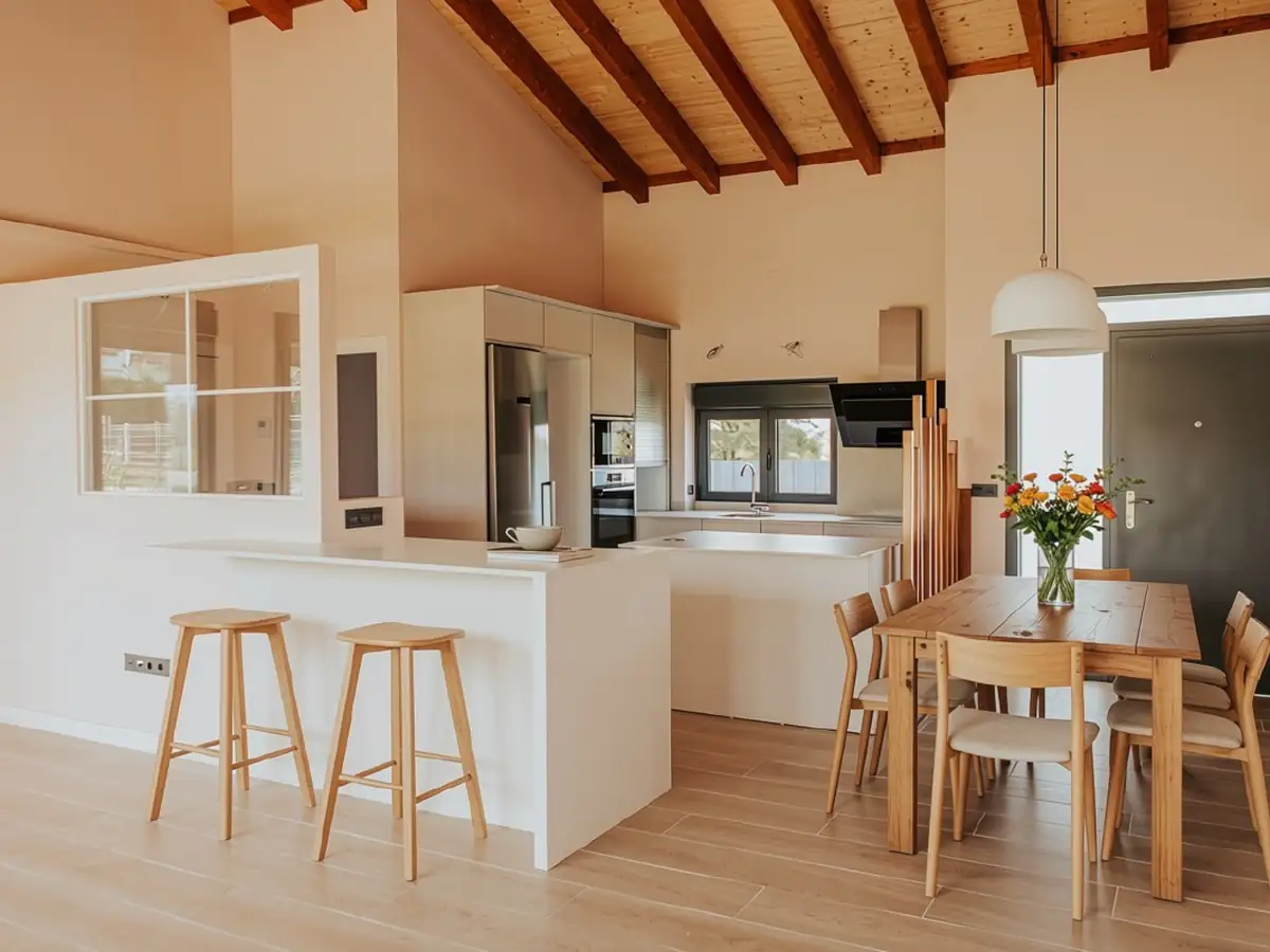 Cocina abierta con vigas de madera y barra de desayuno en Urbanización La Solana