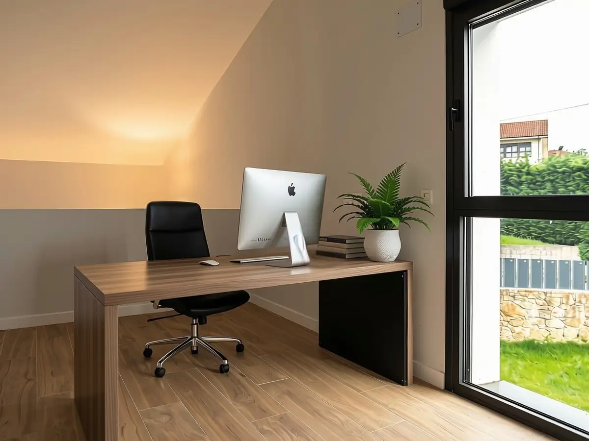 Despacho abuhardillado con escritorio de madera y vistas al exterior en Urbanización La Solana
