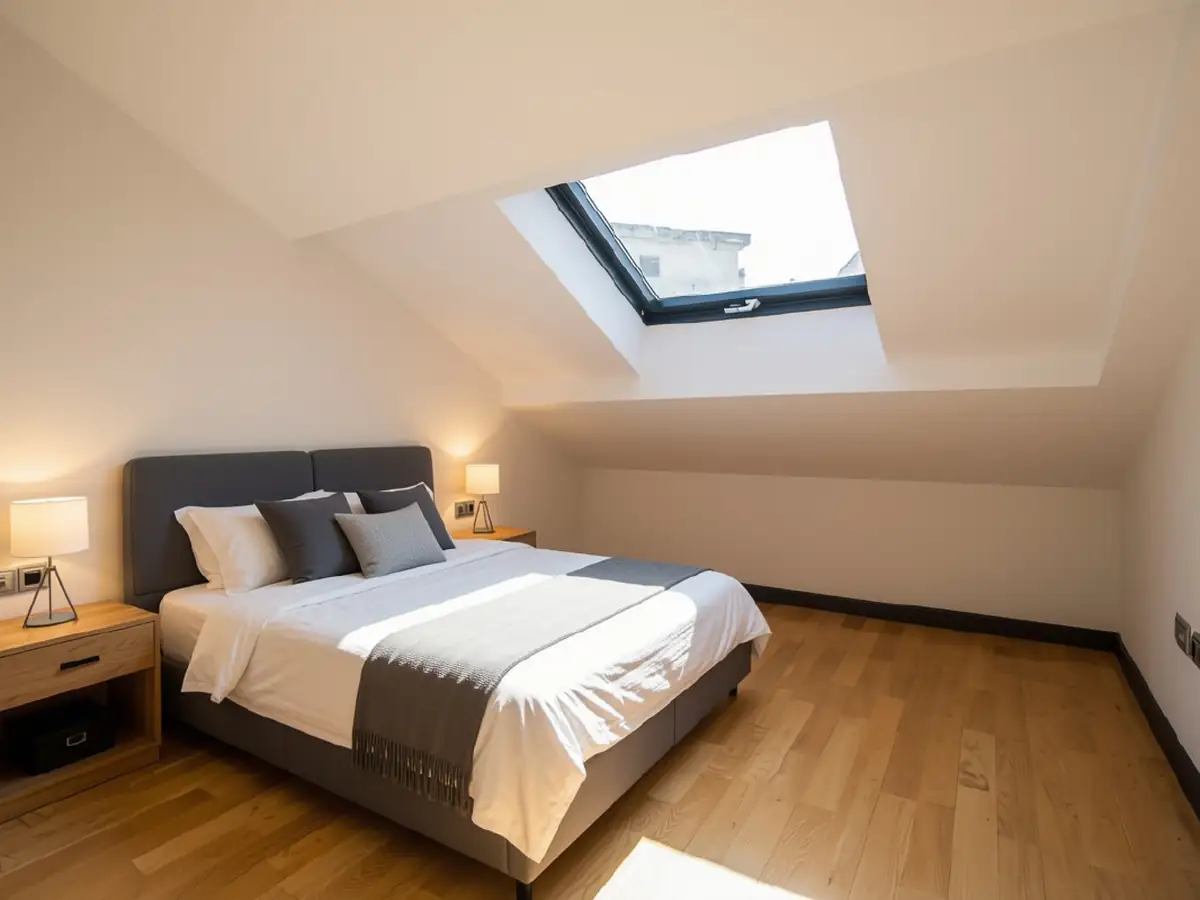 Dormitorio abuhardillado con ventana velux en Edificio Rasán