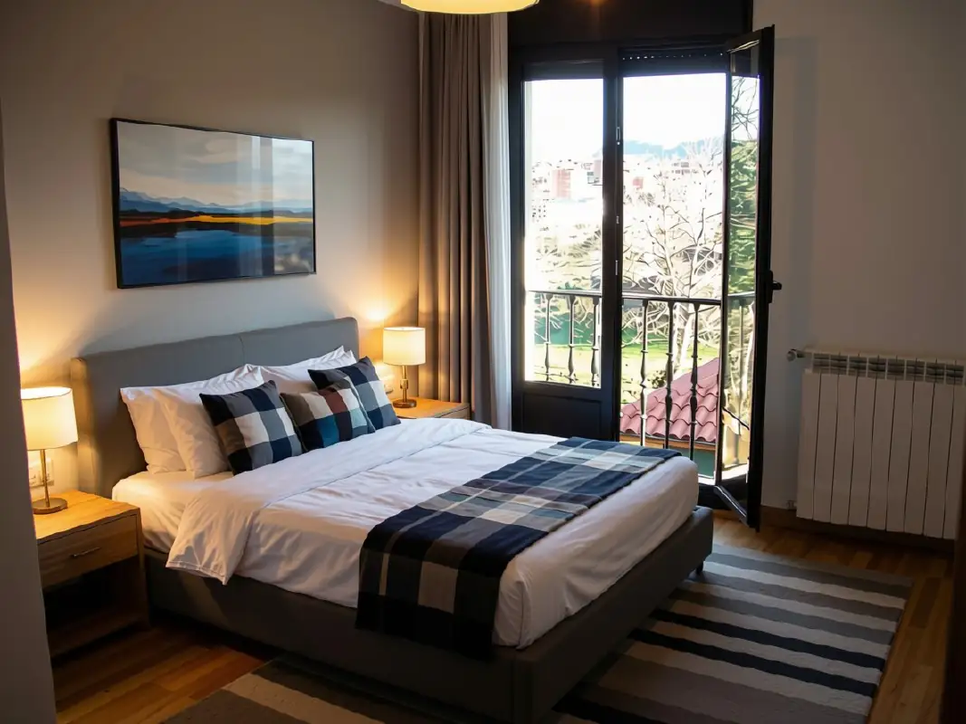 Dormitorio con balcón y vistas en vivienda de Urbanización Forfontía