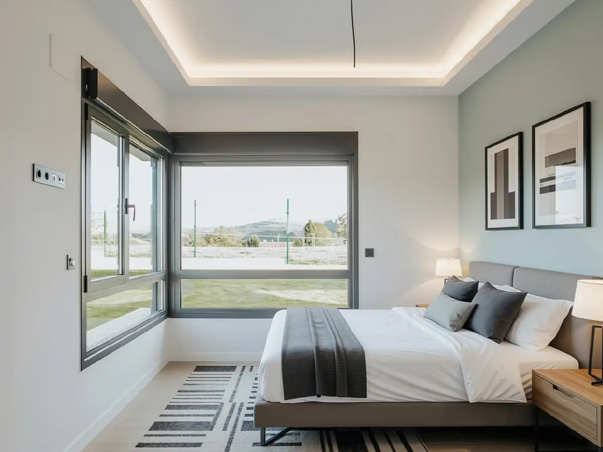 Dormitorio con iluminación led perimetral y cristalera en Urbanización La Solana