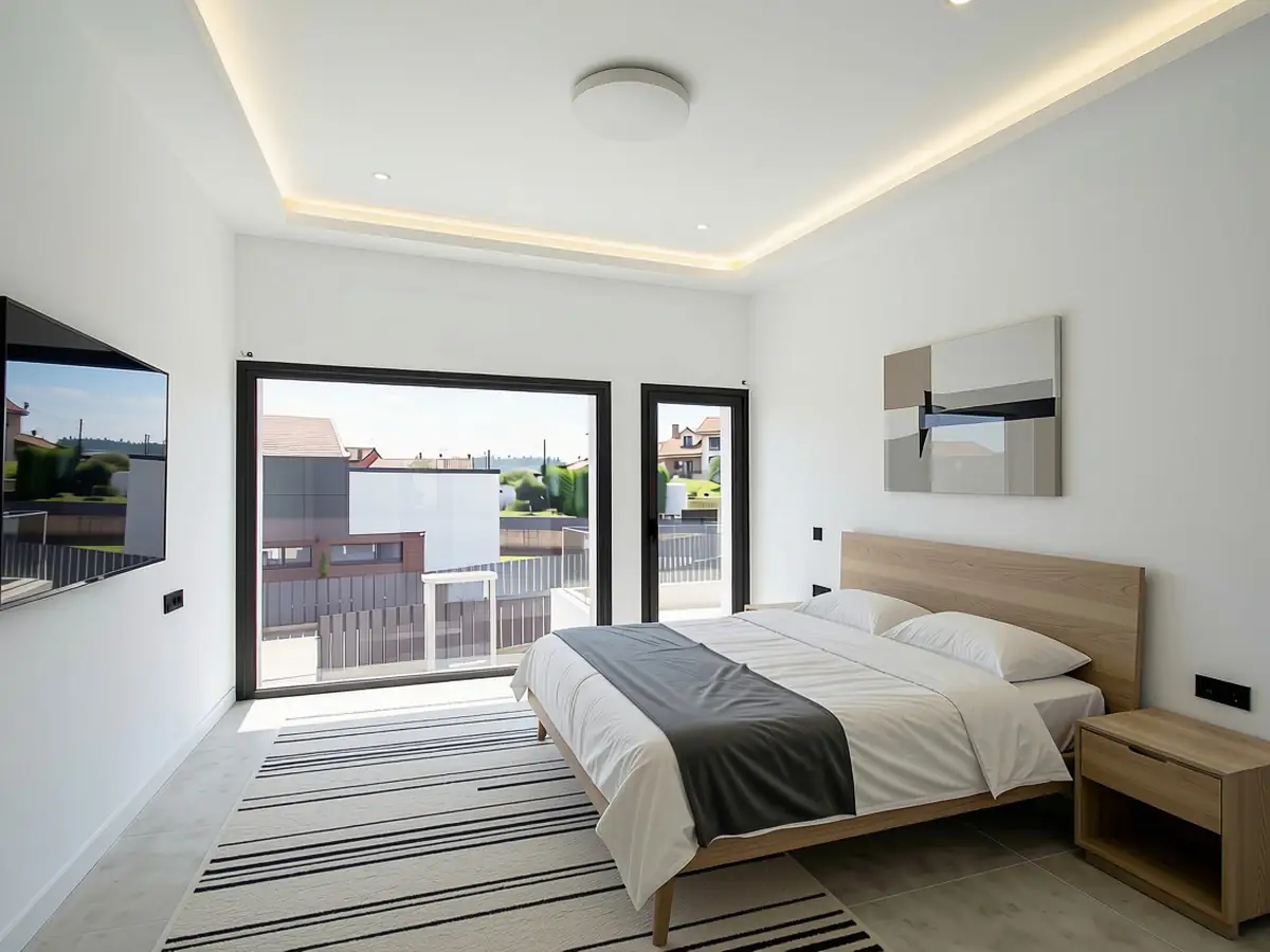 Dormitorio con televisión y acceso a terraza en Urbanización La Solana