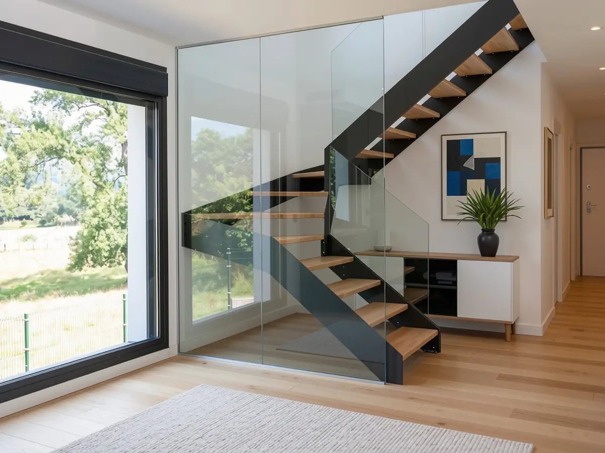 Escalera con barandilla de cristal y vistas al jardín en Urbanización La Solana