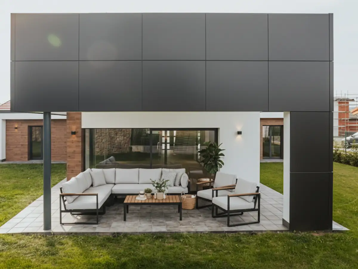 Fachada con revestimiento oscuro y zona exterior en Urbanización La Solana