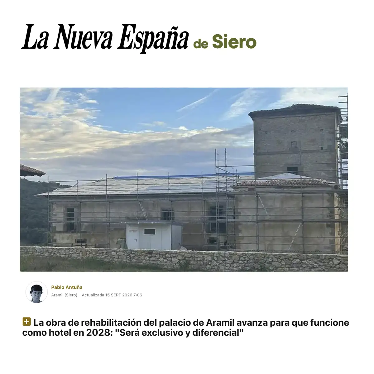 Noticia La Nueva España sobre rehabilitación del Palacio de Aramil en Siero