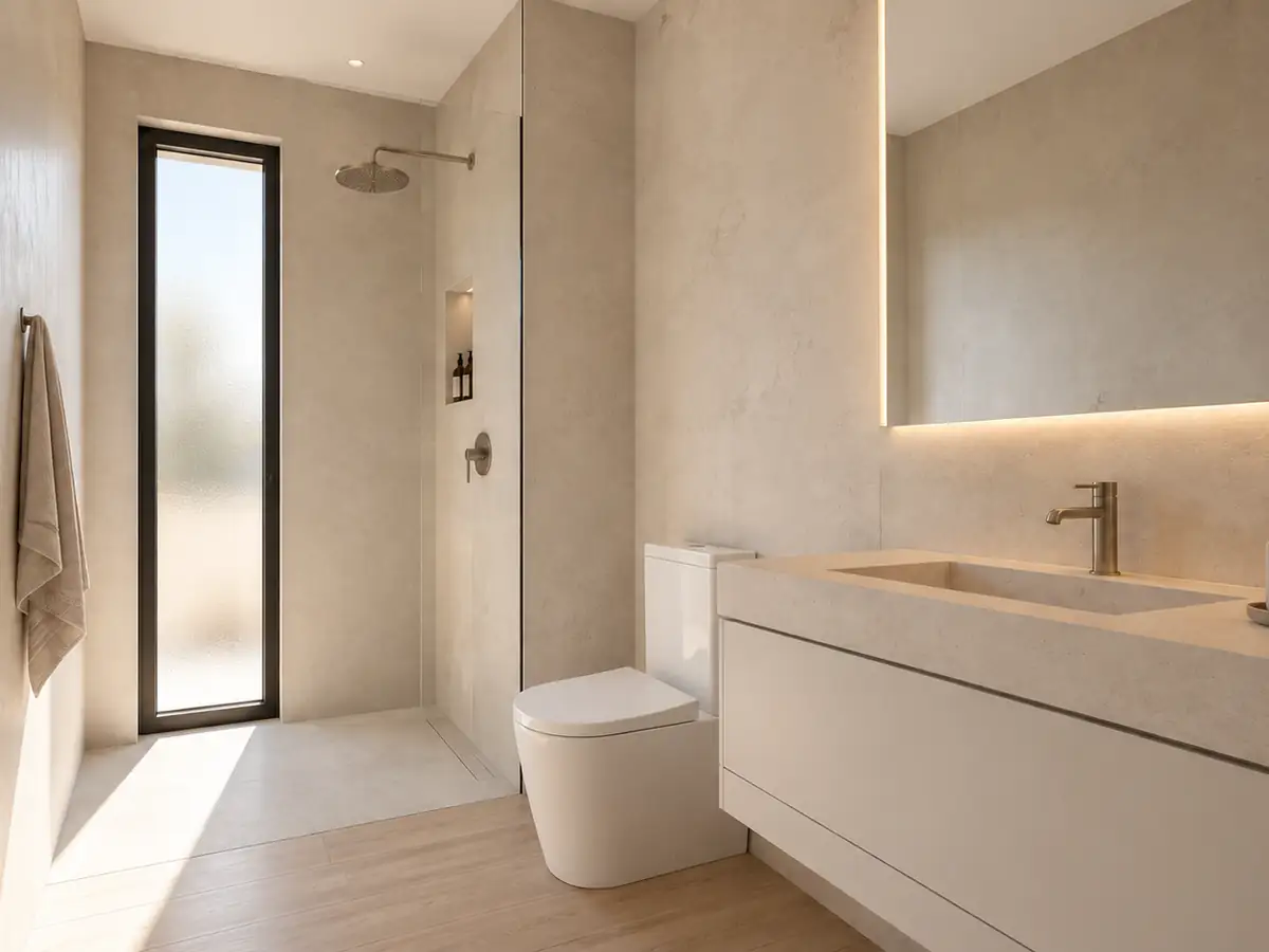 Render del baño principal con ducha y mueble suspendido en Andén Residencial