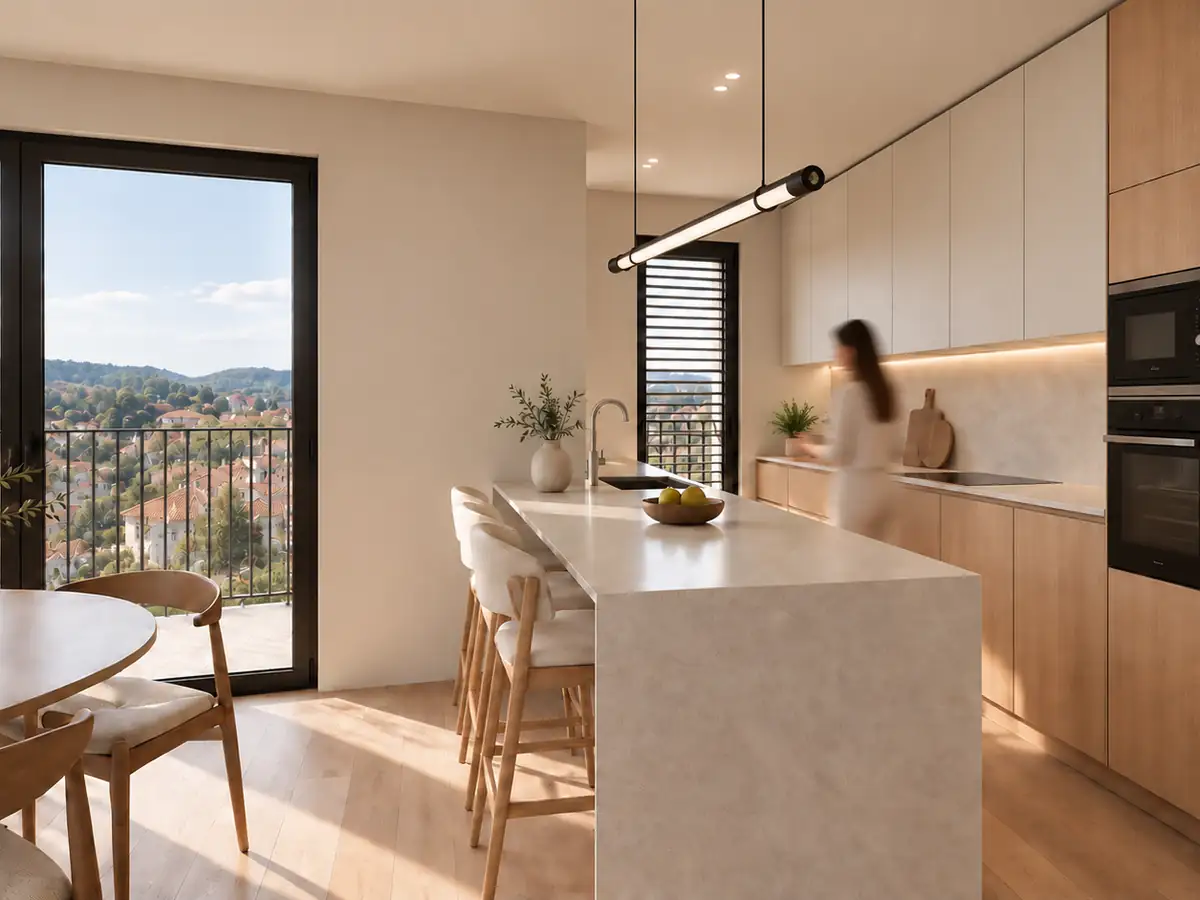 Render de cocina abierta con isla y office en Andén Residencial, El Berrón