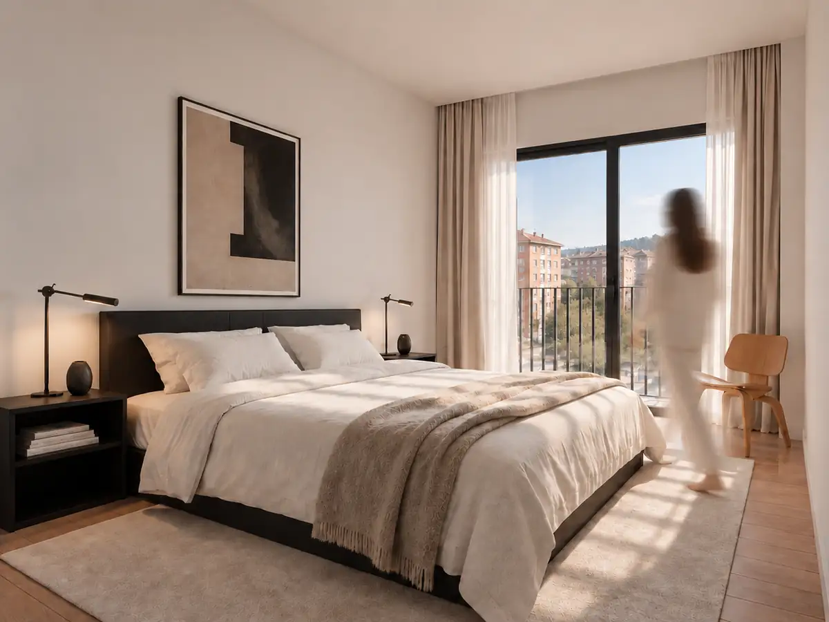 Render del dormitorio principal con salida a terraza en Andén Residencial