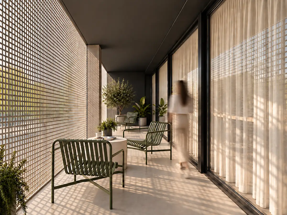Render de la terraza comunitaria del coworking con celosía en Andén Residencial