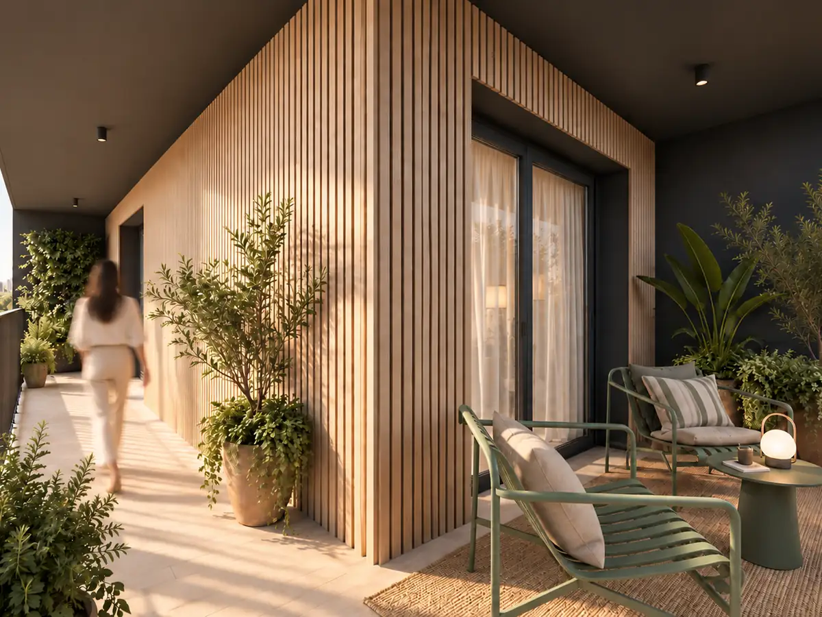 Render de terraza privada con revestimiento de lamas de madera en Andén Residencial, El Berrón